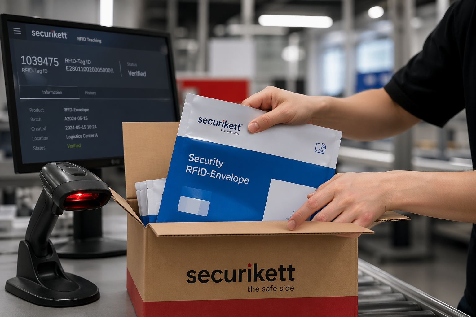 Gros plan sur un poste de travail ergonomique pour la préparation des commandes d'enveloppes de sécurité haute qualité avec système de traçabilité.
