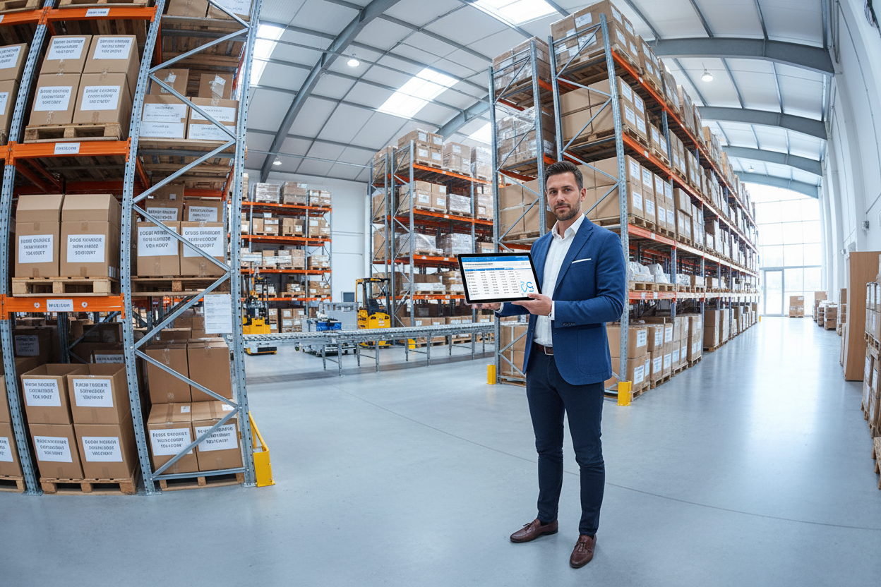 Gestionnaire logistique utilisant une tablette numérique dans un entrepôt moderne et organisé pour la gestion des stocks d'enveloppes de sécurité orfix.
