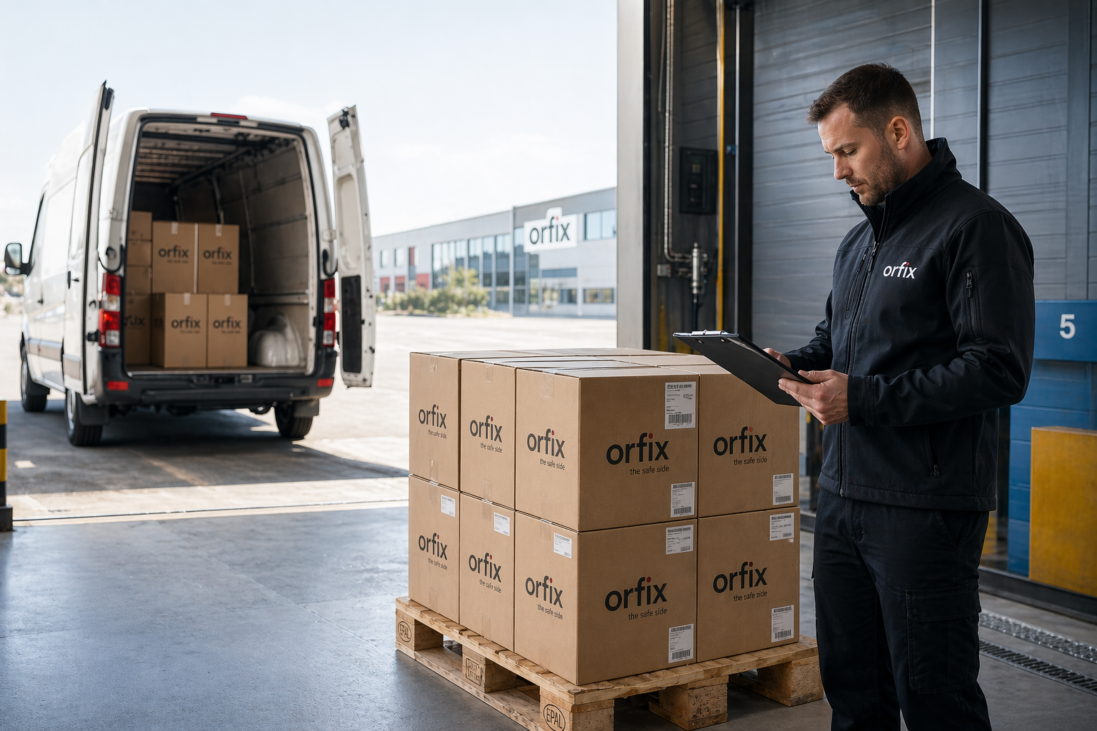 Palettes de colis orfix prêtes pour l'expédition finale sur un quai de chargement logistique moderne et sécurisé.